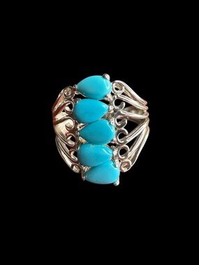 DK 925 Sterling Silver Blue Turquoise 5-Stone Cabochon Ring Size 6